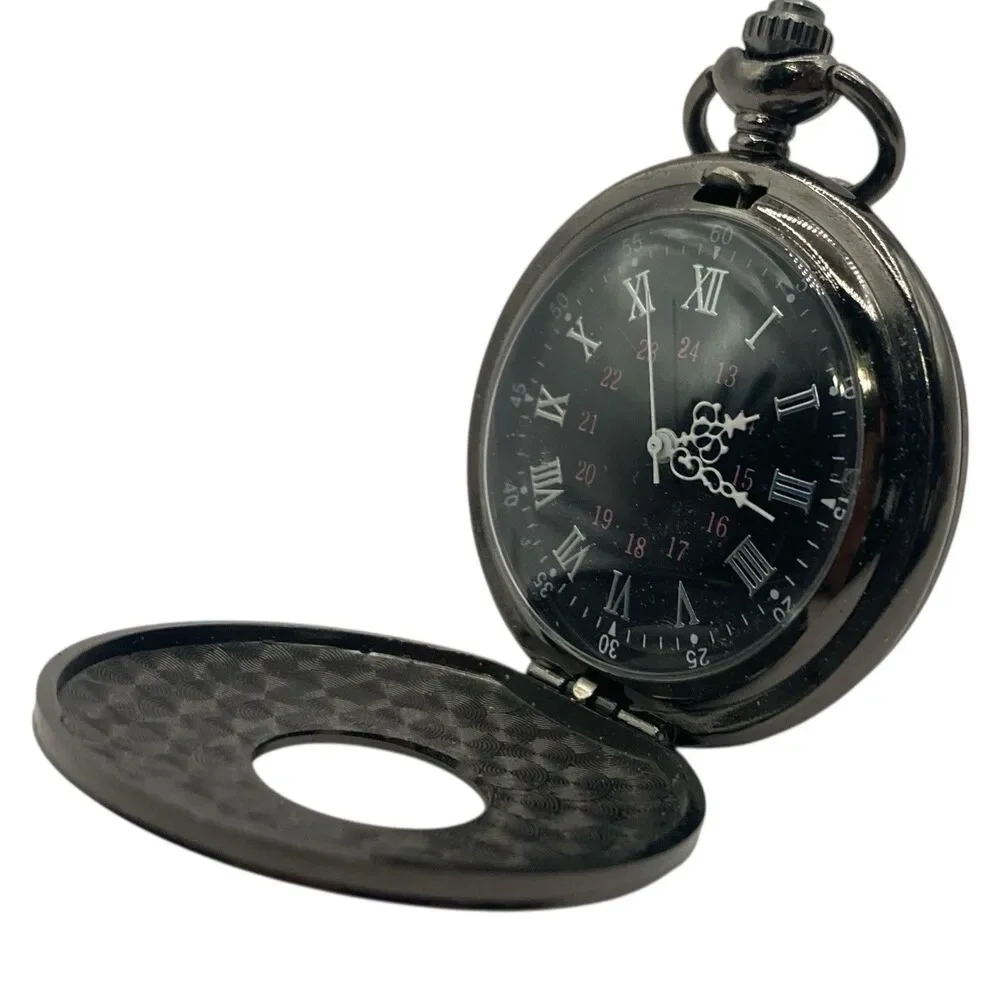 Vintage Black Pocket Watch for Men Roman Numeral Quartz New Battery